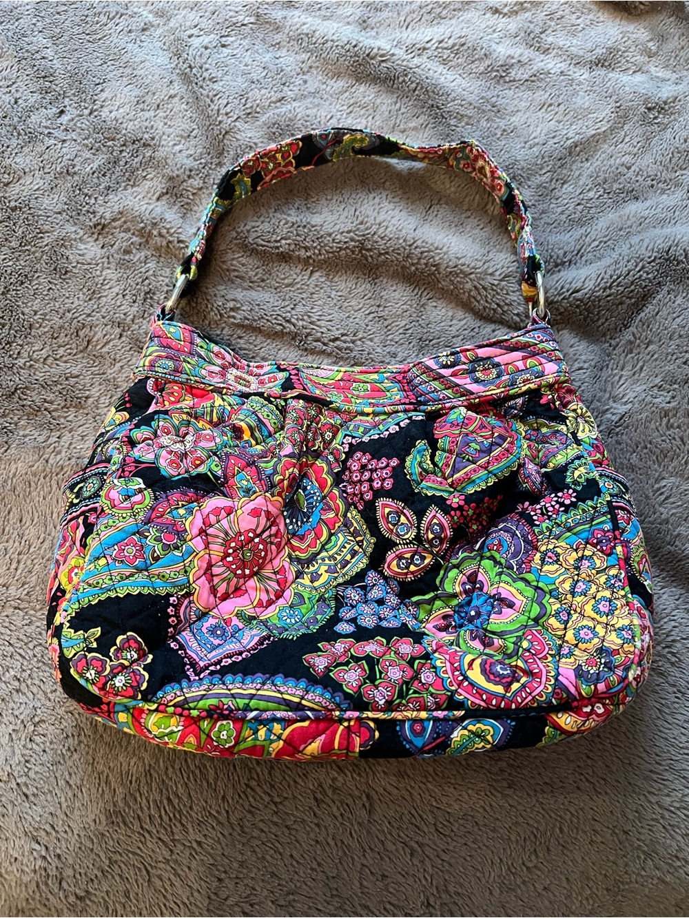 Vera Bradley Black Floral Quilted Shoulder Bag with Bright Multicolor Print